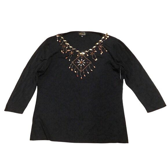 Vintage L/XL Style De Paris Beaded Dark Brown Tunic Top 3/4 Sleeve - Picture 2 of 8